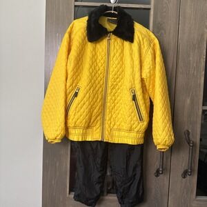 Vintage 90s Quilted Mureli 2 Piece Jacket Pant  Womens M Faux Fur Collar Yellow